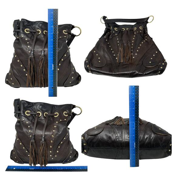 Bulga Brown Leather Studded Bucket Hobo Shoulder Bag Tassel Fringe Boho Hippie - Picture 16 of 16